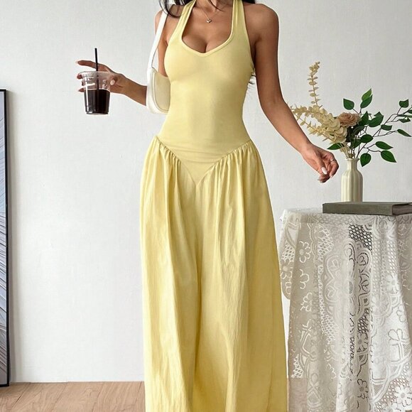 Dresses & Skirts - Yellow Casual Women's French Deep V-Neck Backless Tie Waist Pleated Maxi Dress